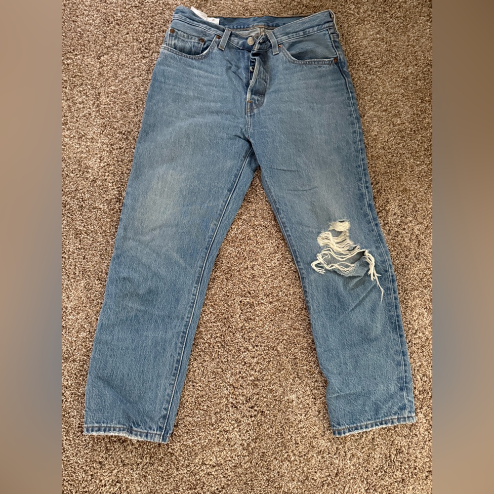 Levi's 501 straight Blue Jeans with Distressed Detail